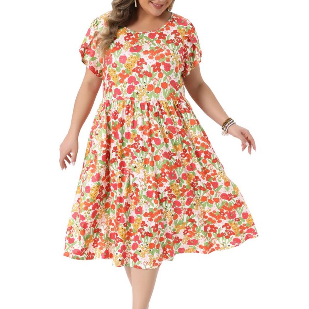 Women Plus Size Floral Tulip Sleeve Summer A Line Midi Dress White Red